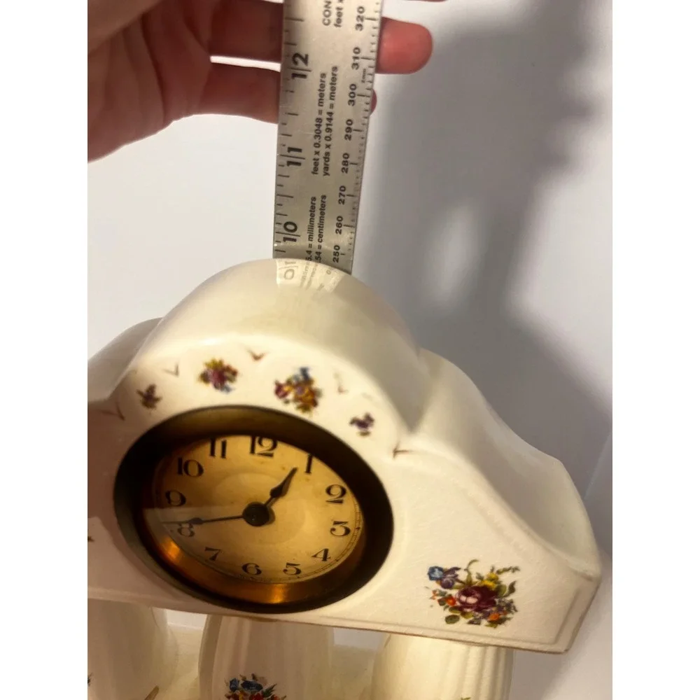 Vintage C.H. Germany Ceramic Mantel Clock Floral Column Crackle Glaze Mechanical